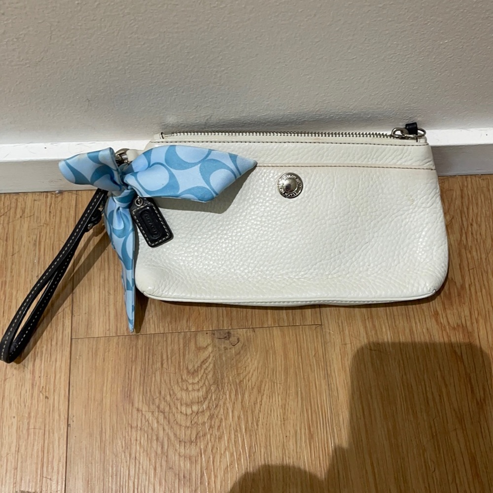 Coach white with blue bow wristlet